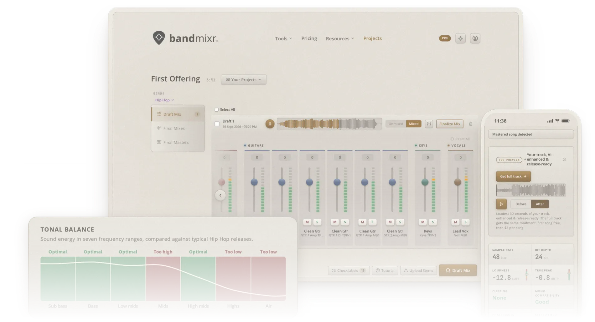 The Bandmixr mixer open on a draft mix, the tonal balance read-out, and the Mix Analyzer on a phone